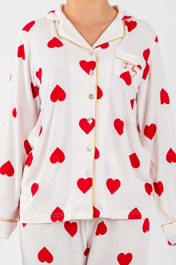 Ladies White Red Heart Button Through PJ