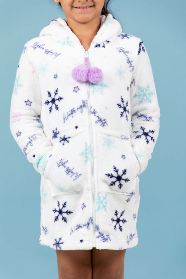 Girls White Lilac & Navy Snow Flake Zip Up Fleece