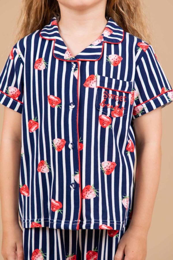 Girls Navy White Stripe Strawberry Button Through PJ