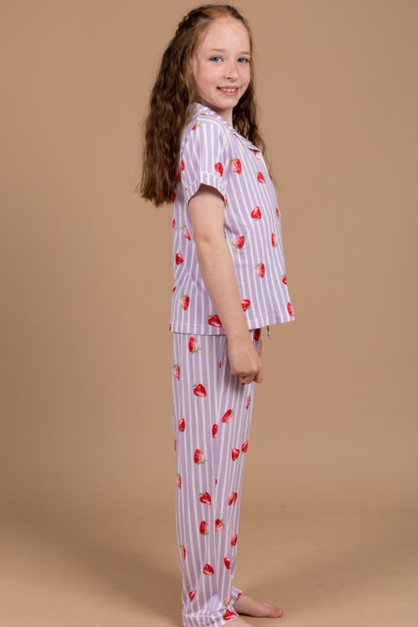 Girls Lilac White Stripe Strawberry Button Through PJ