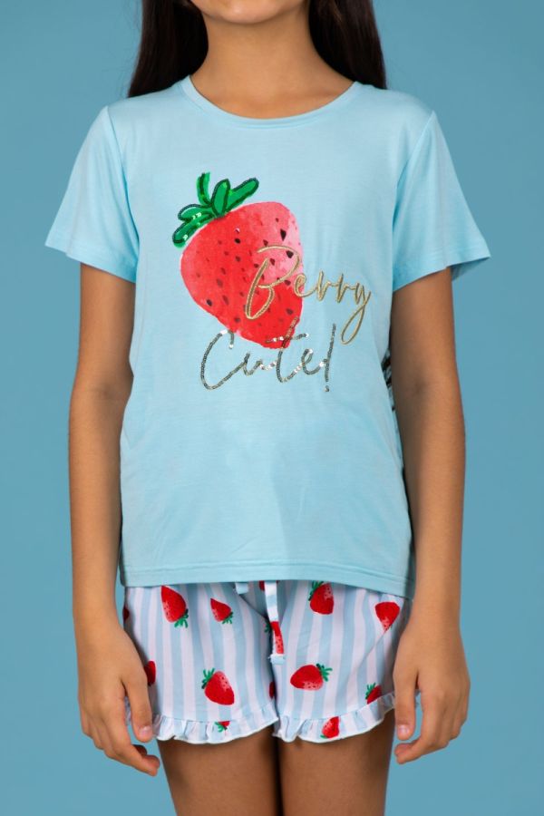 Girls Blue Cute Stripe Strawberry Short Set
