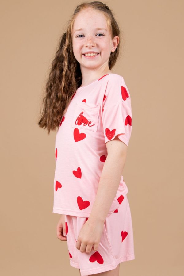 Girls Pink Red Heart Printed Short Set