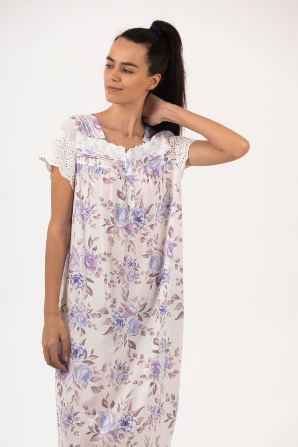 Ladies White Floral Embroidery Anglais Sleeve Nightdress