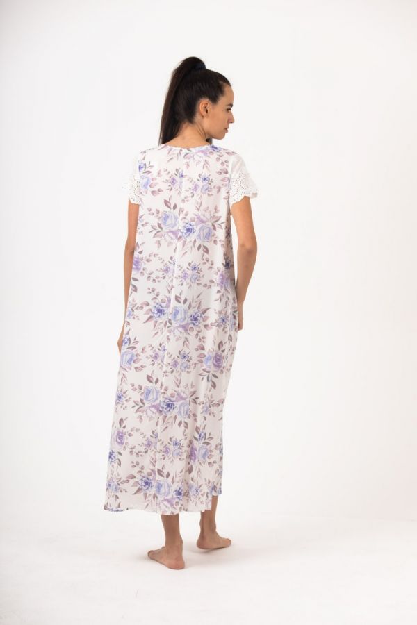 Ladies White Floral Embroidery Anglais Sleeve Nightdress