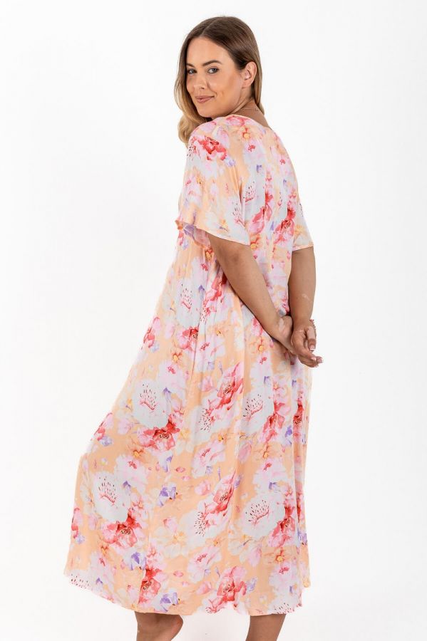 Ladies Peach Water Color Floral Plus Size Dress