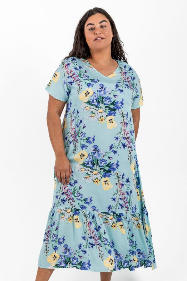 Ladies Aqua Floral Frill Hem Plus Size Dress