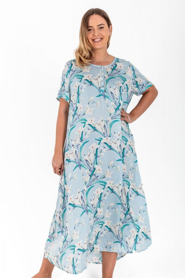 Ladies Pale Blue Water Color Floral Plus Size Dress