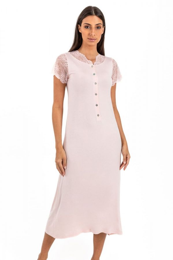Ladies Peach Lace Sleeves Button Front Nightdress