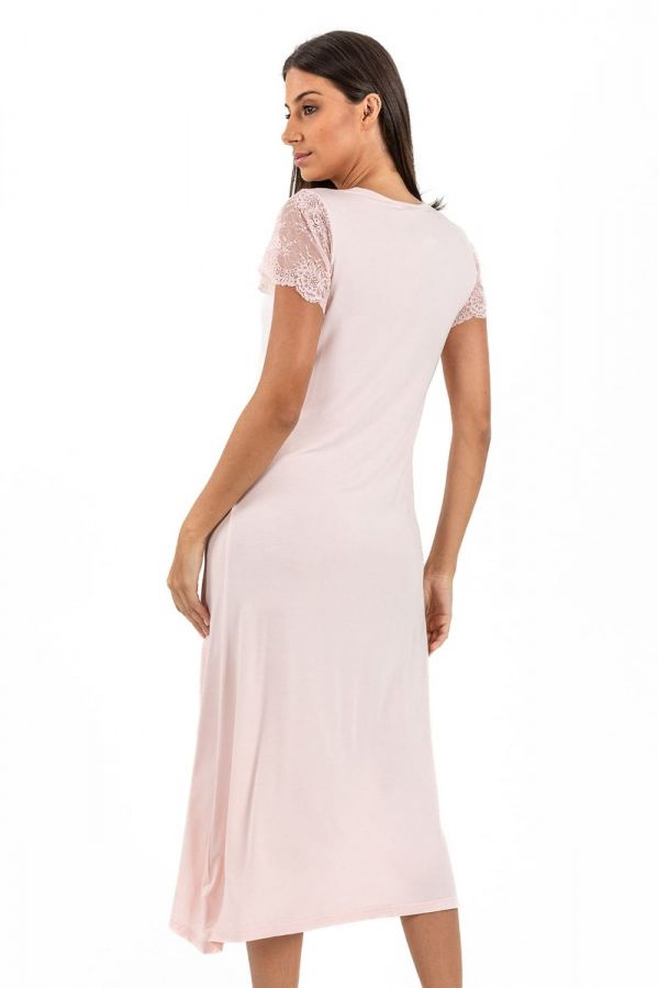Ladies Peach Lace Sleeves Button Front Nightdress