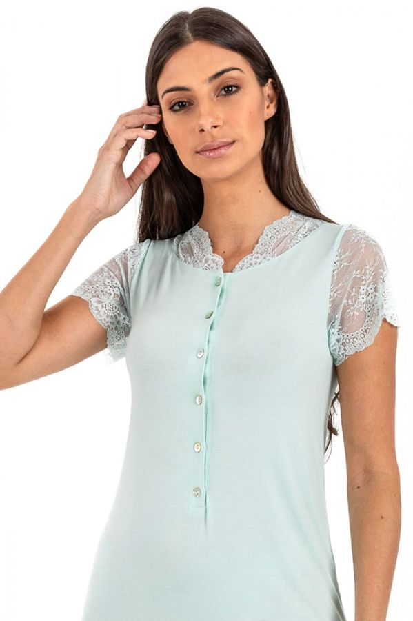 Ladies Mint Lace Sleeves Button Front Nightdress