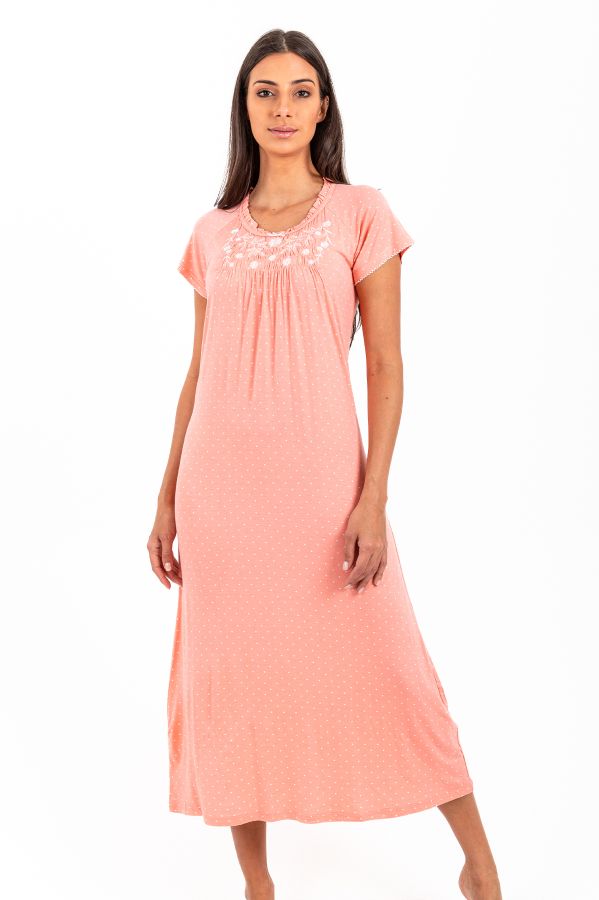 Ladies Peach Polka Embroidery Night Dress