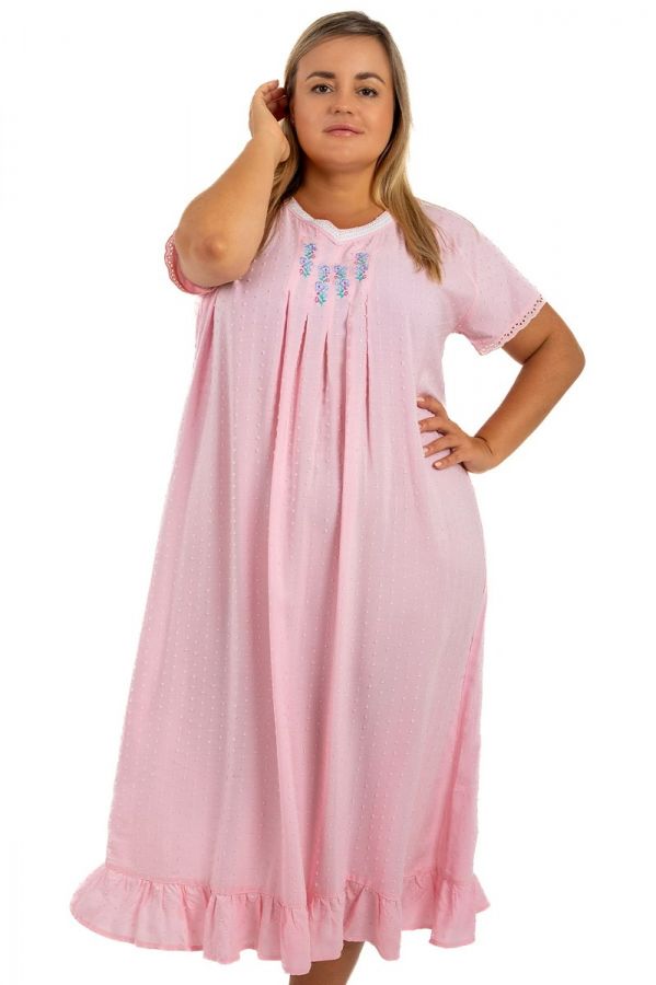 Ladies Pink Dobby Embroidery Neck Nightdress
