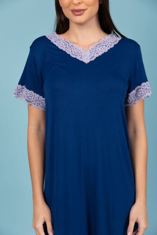 Ladies Navy Nightdress With Contrast Lace