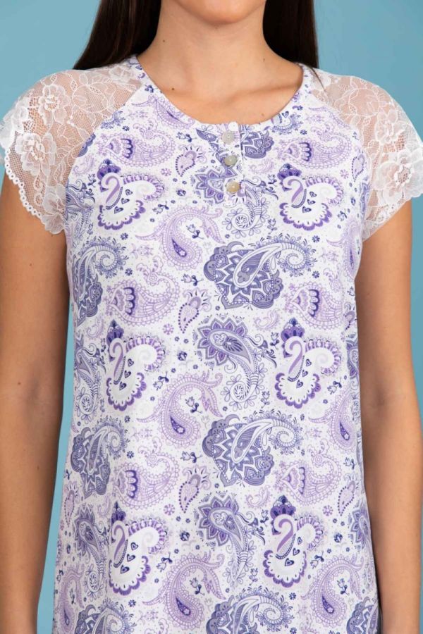 Ladies White Paisley Print Lilac Lace Sleeve Nightdress