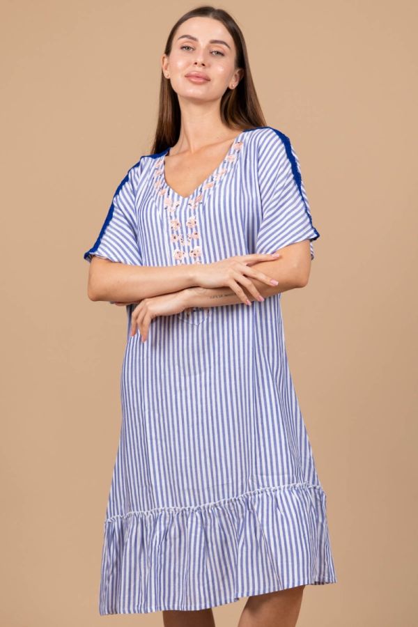 Ladies Blue & White Stripe Embroidery Dress 