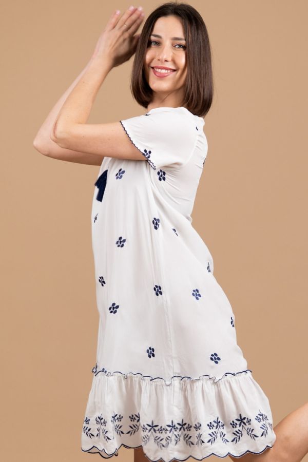 Ladies White Embroidery Floral Frill Hem Dress 