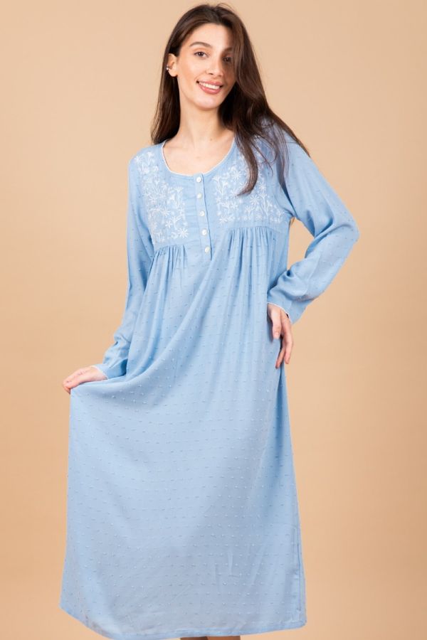 Ladies Dusky Blue Embroidery Nightdress