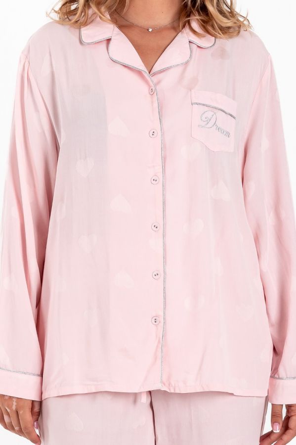Ladies Plus Size Pink Heart Jacquard Button Through PJ