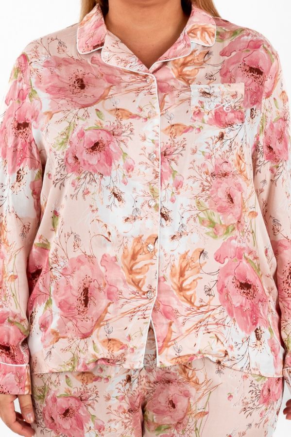 Ladies Plus Size Beige Peach Floral Button Through PJ