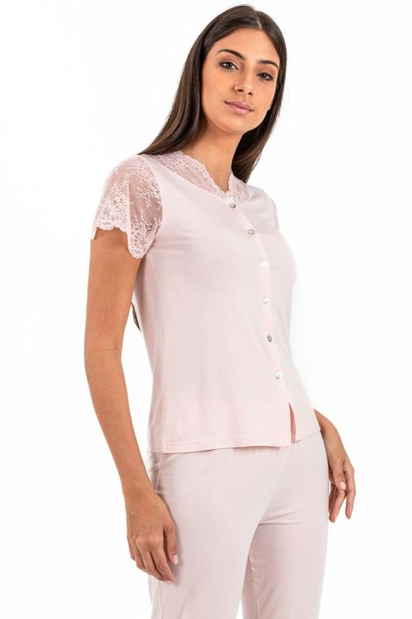 Ladies Peach Lace Sleeves Button Front PJ