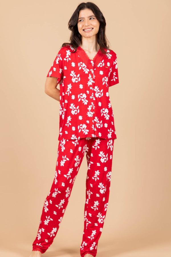 Ladies Red White Floral Lace Neck PJ