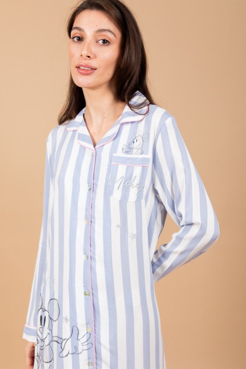 Ladies Blue & White Stripe Mickey Button Through Nightshirt