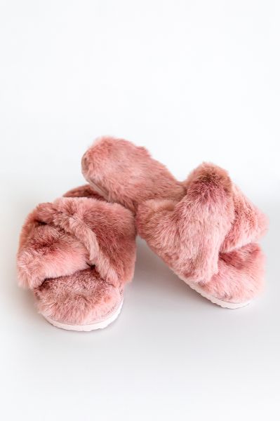 Ladies Dusky Pink Twisted Toe Fur Slipper