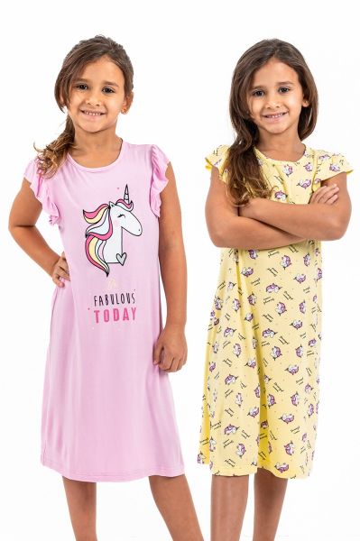 Girls Pink & Lemon Unicorn 2 Pack Night Dress