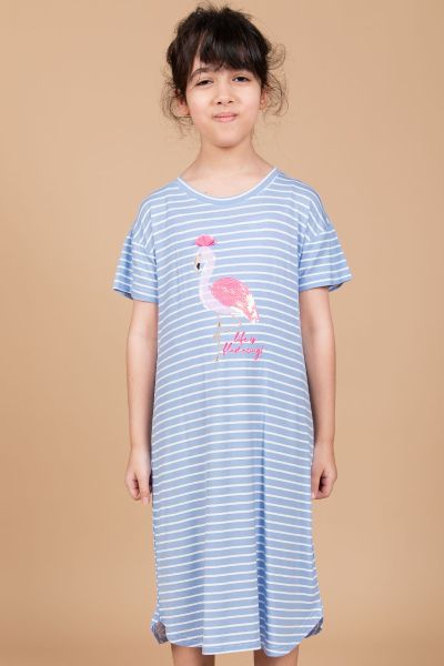 Girls Blue Stripe Sequin Flamingo Nightdress