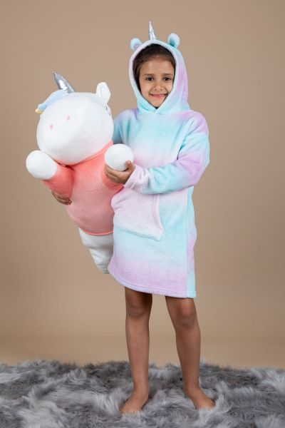 ثوب نوم وردي برسمة وحيد القرن و بغطاء للرأس للفتيات