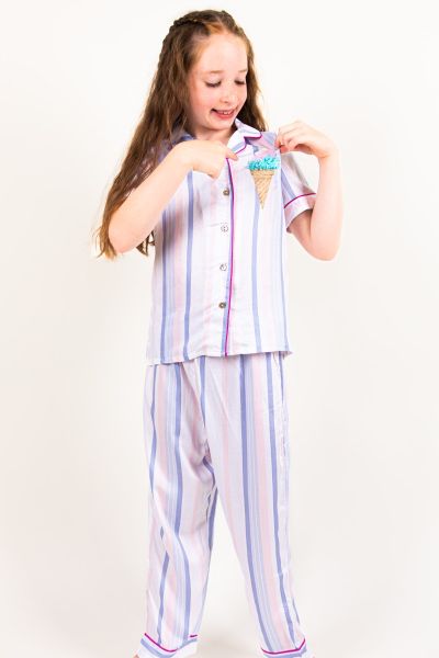 Girls Lilac Multi Colour Stripe Milkshake Button Through PJ