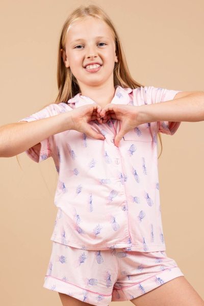 Girls Pink Pineapple Printed Button Through Short Set