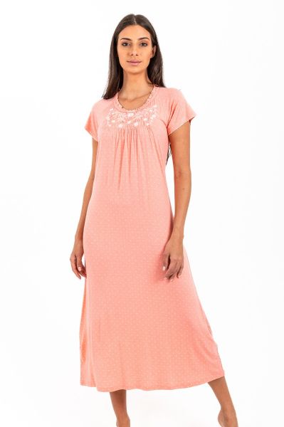 Ladies Peach Polka Embroidery Night Dress
