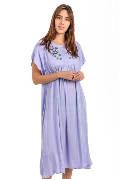 Ladies Lilac Embroidery Neck Jacquard Stripe Dress