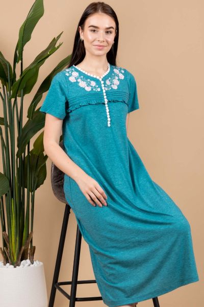 Ladies Light Teal Embroidery Neck Nightdress