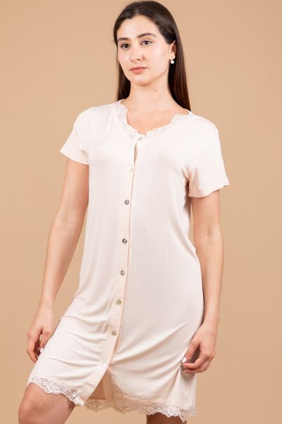 Ladies Peach Button Front Lace Neck Nightdress 
