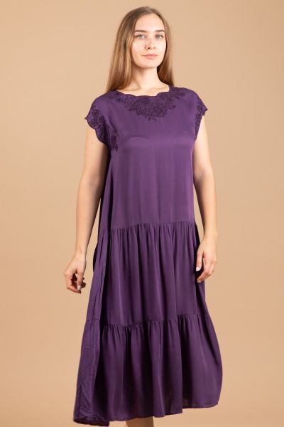 Ladies Purple Embroidery Neck Dress