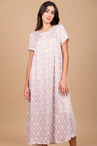 Ladies White Beige Geometric Print Dress