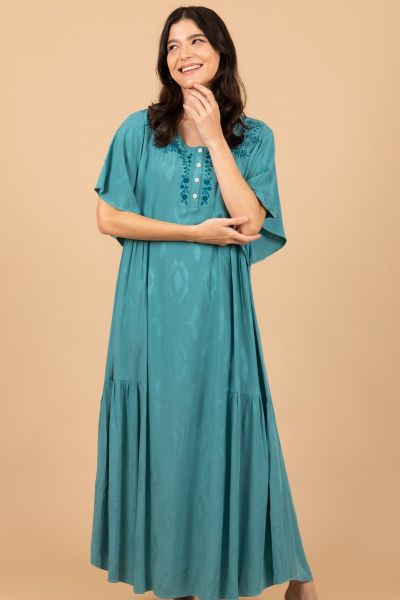 Ladies Green Jacquard Embroidery Floral Nightdress