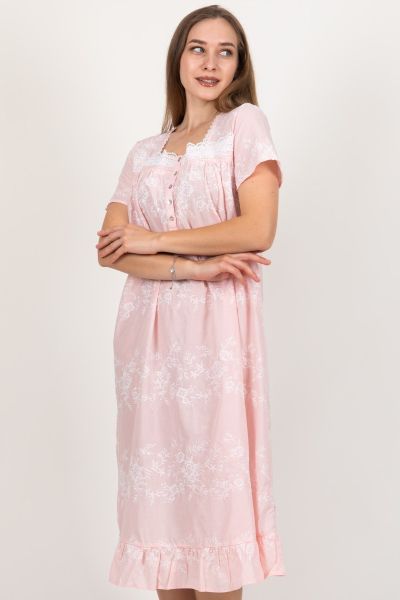 Ladies Peach Embroidery Floral Woven Nightdress