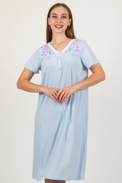Ladies Blue Embroidery Neck Nightdress