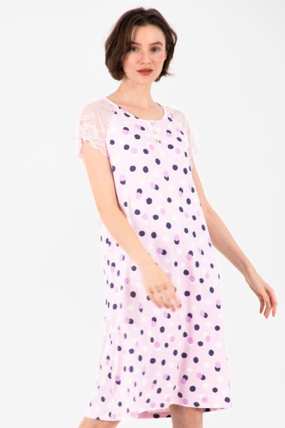 Ladies Lilac Spot Lace Sleeves Nightdress