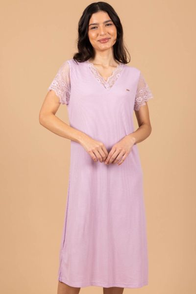 Ladies Lilac Rib Lace Sleeve Nightdress