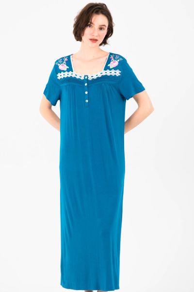 Ladies Teal Embroidery Nightdress