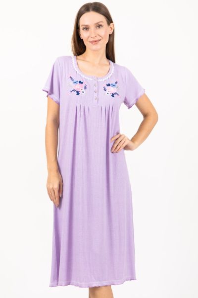 Ladies Lilac Rib Embroidery Nightdress