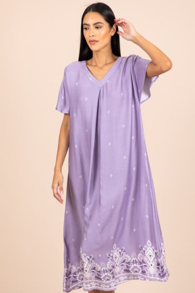 Ladies Dusky Purple Printed Hem Nightdress