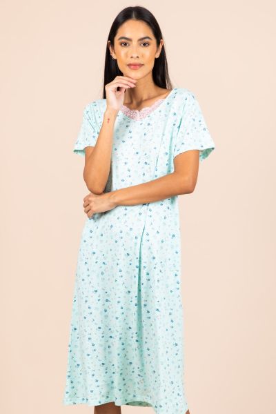 Ladies Mint Ditsy Floral Lace Neck Nightdress