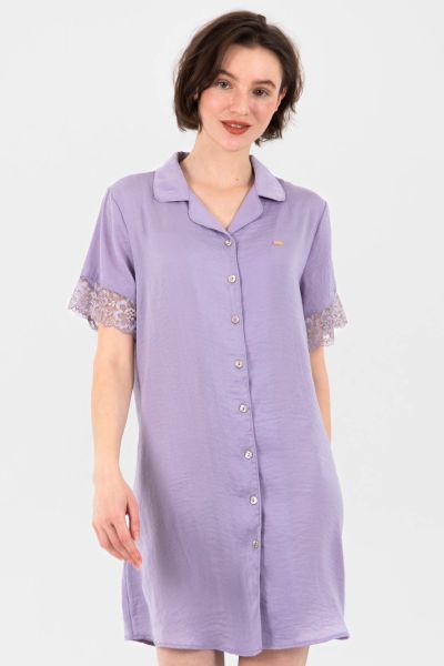 Ladies Purple Satin Gold Lurex Lace Button Through Nightshirt