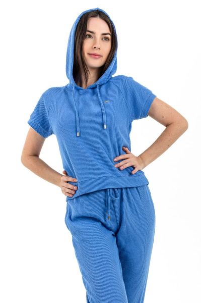 Ladies Blue Rib Loungewear Hooded PJ