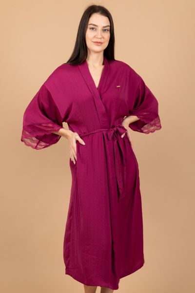 Ladies Berry Satin Lace Long Robe